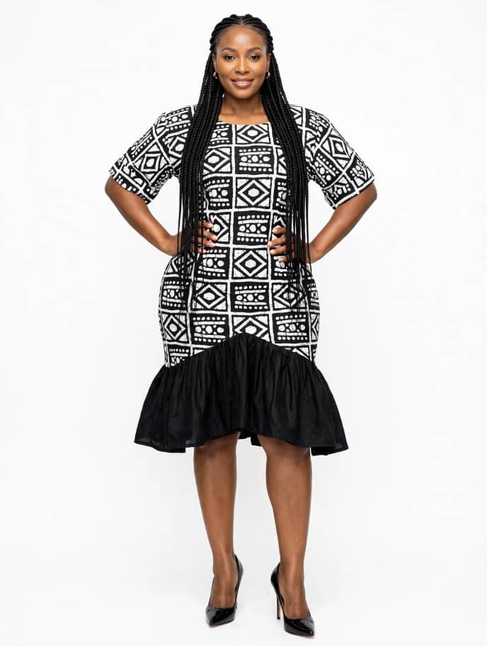 Monochrome Ruffle-Hem Dress