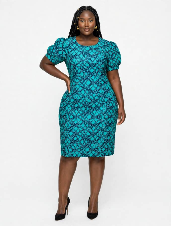 Teal Print Puff-Sleeve Dress