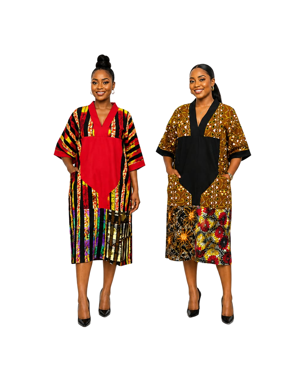 Two women wearing coordinated Ankara pieces