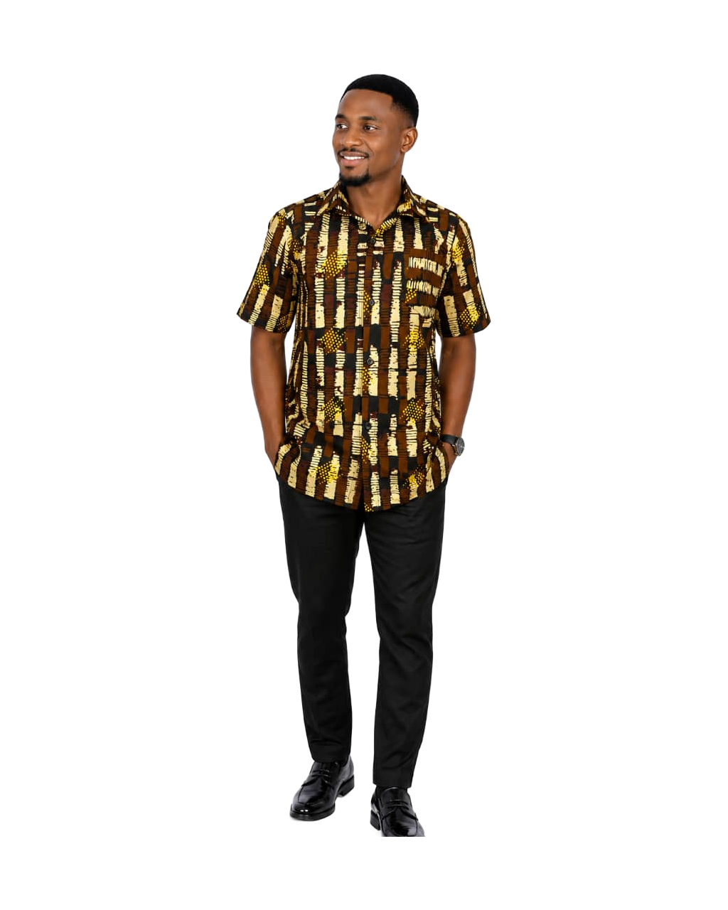 Man wearing a striped Ankara shirt