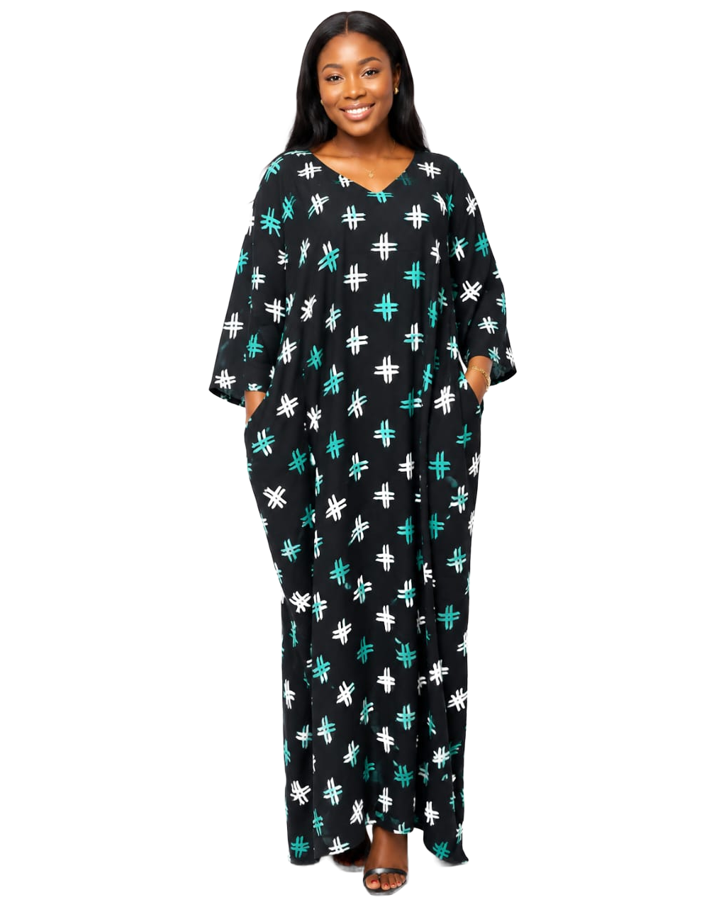 Woman wearing a black and white Ankara kaftan