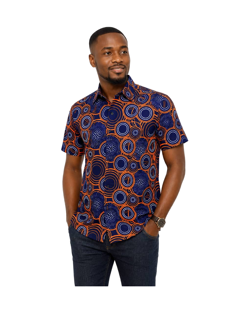 Man wearing a blue Ankara shirt