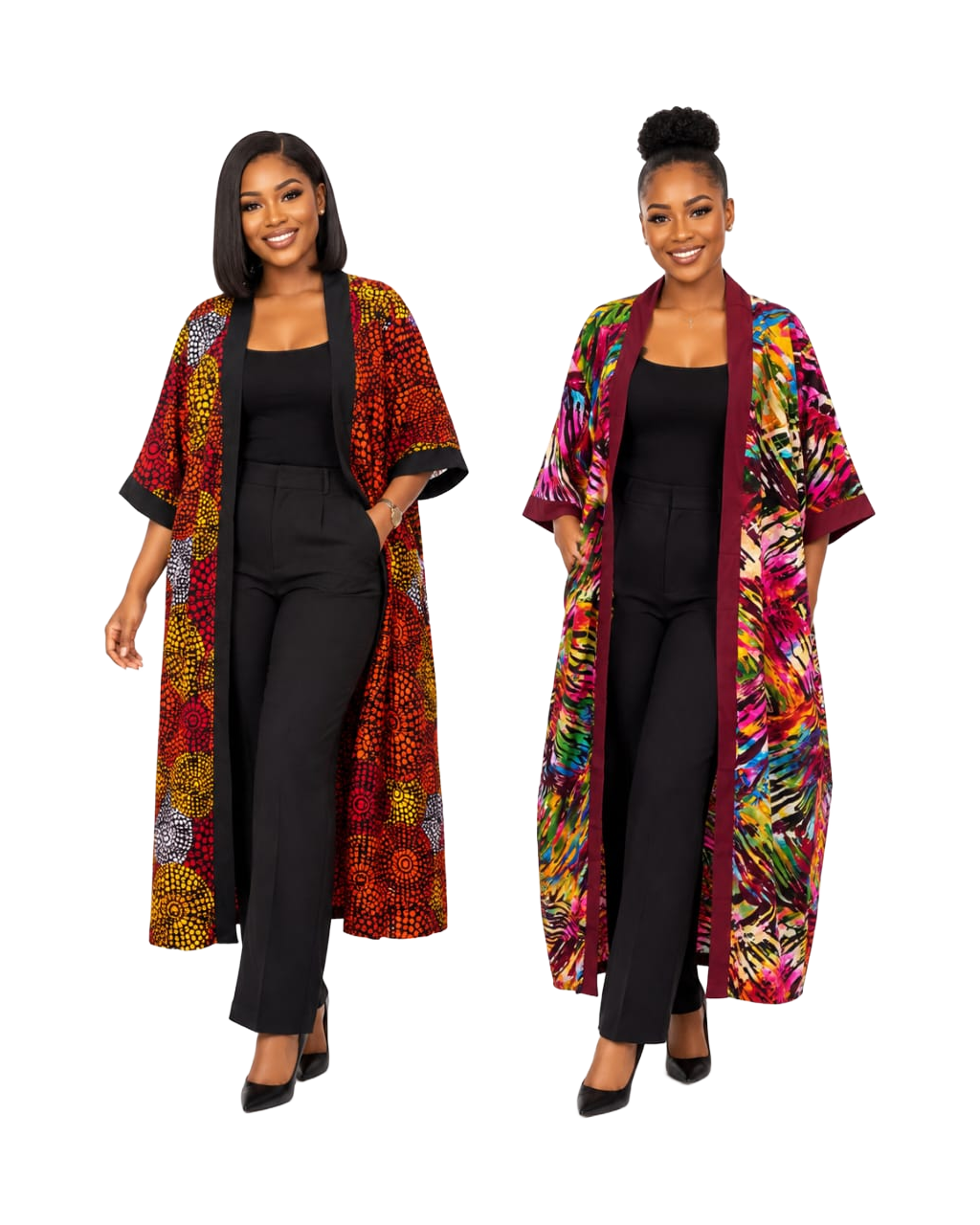 Two women wearing coordinated Ankara pieces